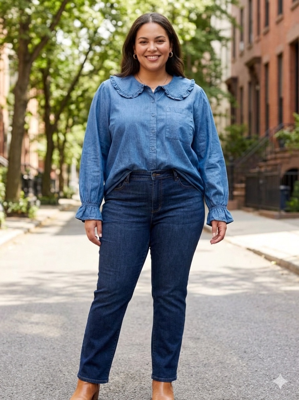 Audrey Lane Blue Denim Chambray Button Down Blouse Plus Size 3X Ruffle Collar